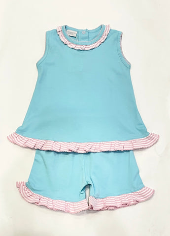 Ocean Blue Knit/Pink Stripe Ruffle Short Set
