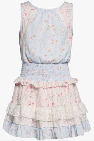 Printed Dress with Smocked waist with lace trim
